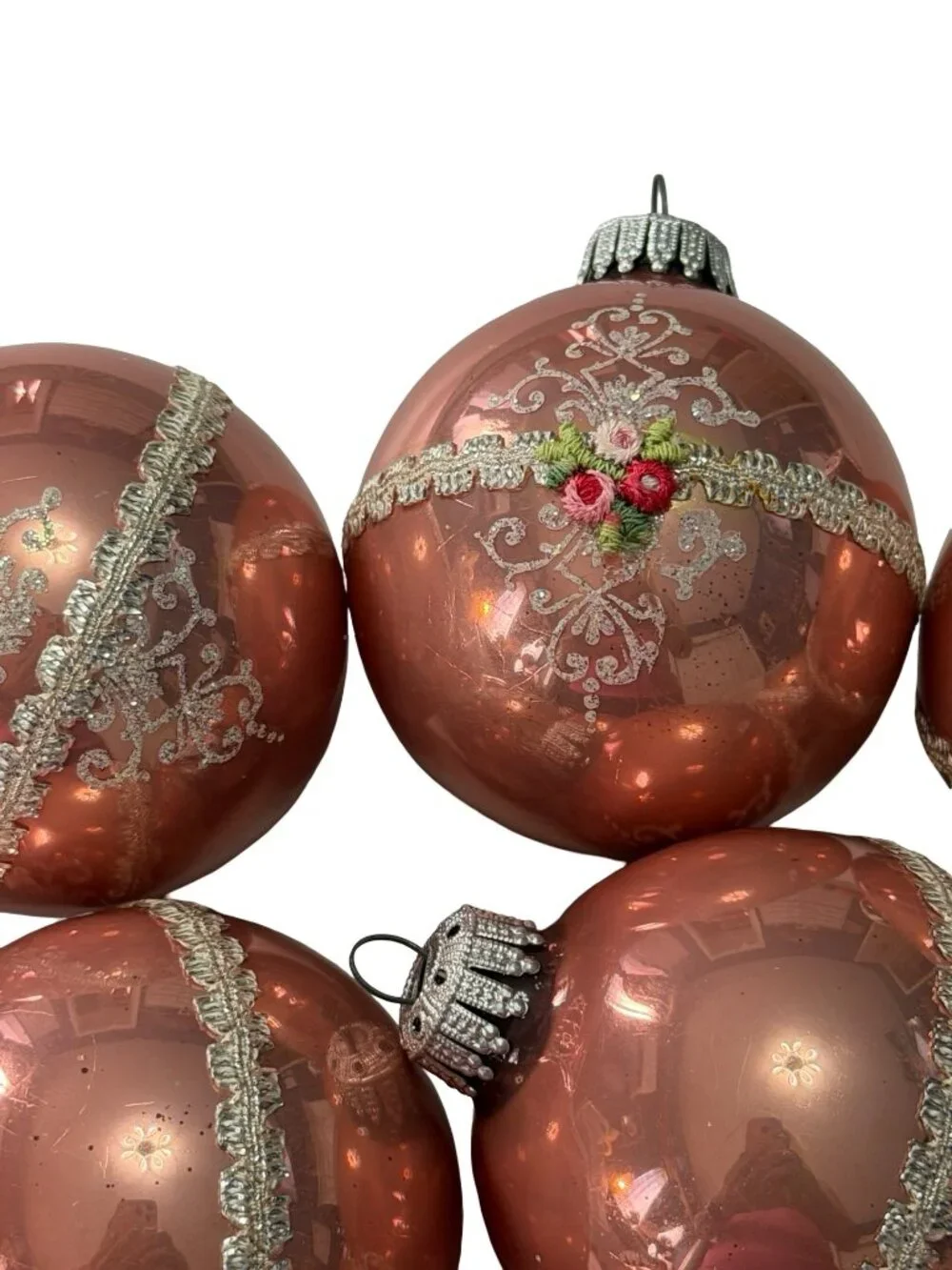 Vintage Pink Glass Christmas Ornaments Set of 9 Floral Ribbon Glitter 2.5-3